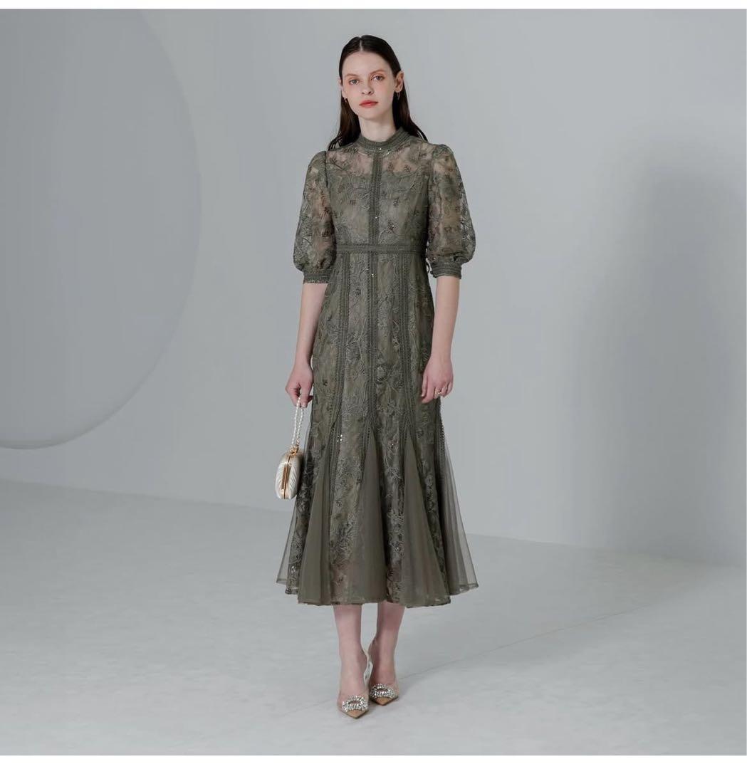 レジャ　花柄刺繍レース加工チュールヘムワンピースドレス