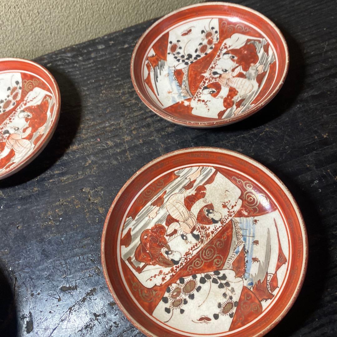 明治　九谷　赤絵小皿5枚セット