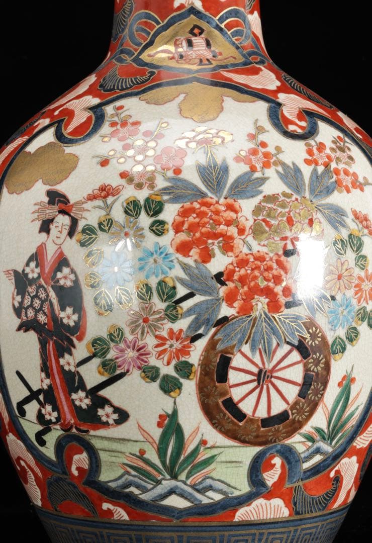 伊万里焼 大型花瓶 飾壺 45.5㎝ 赤絵金彩 美人花車図 伊萬里 古美術 骨董