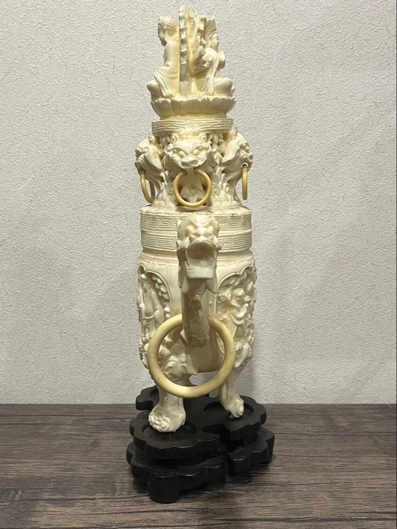 【送料込み】中国骨董　唐木台付き　彫刻　置物　象 大型香炉 手彫工芸品 三鼎型