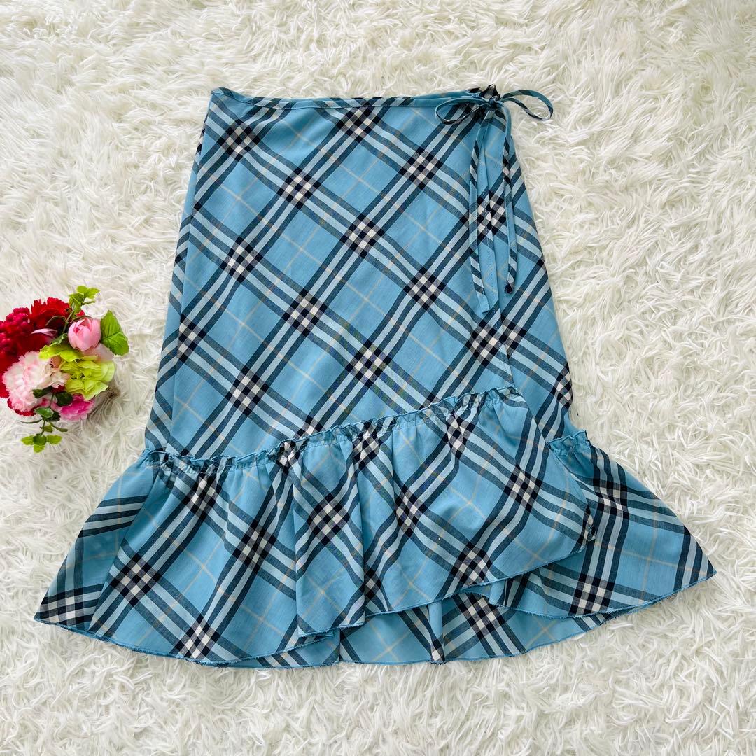 希少カラー✨バーバリーブルーレーベル　ノバチェックスカート34ラップティアード