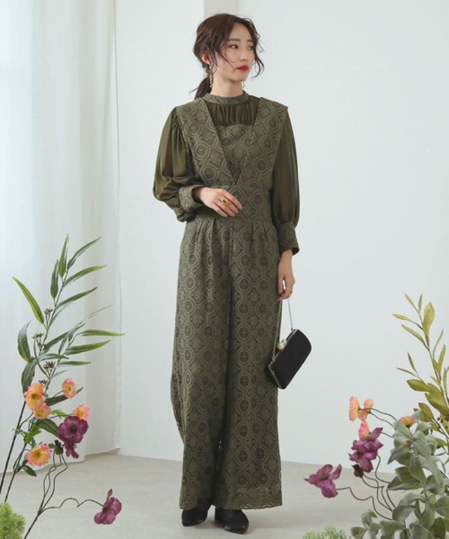 幾何学柄 レース セットアップ パンツ パーティードレス