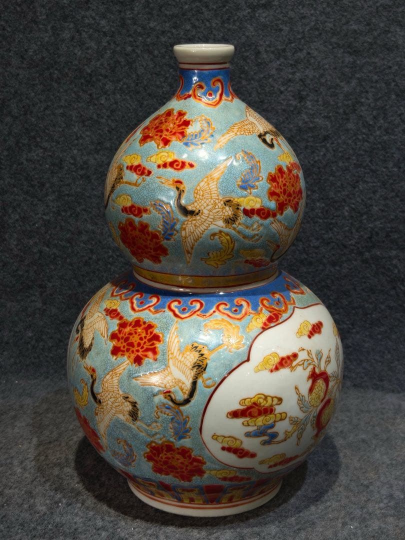 旧蔵　清朝乾隆時代 花瓶御用珐琅彩仙鶴文瓢形瓶【皇清乾隆御用】【乾隆御製】銘有り