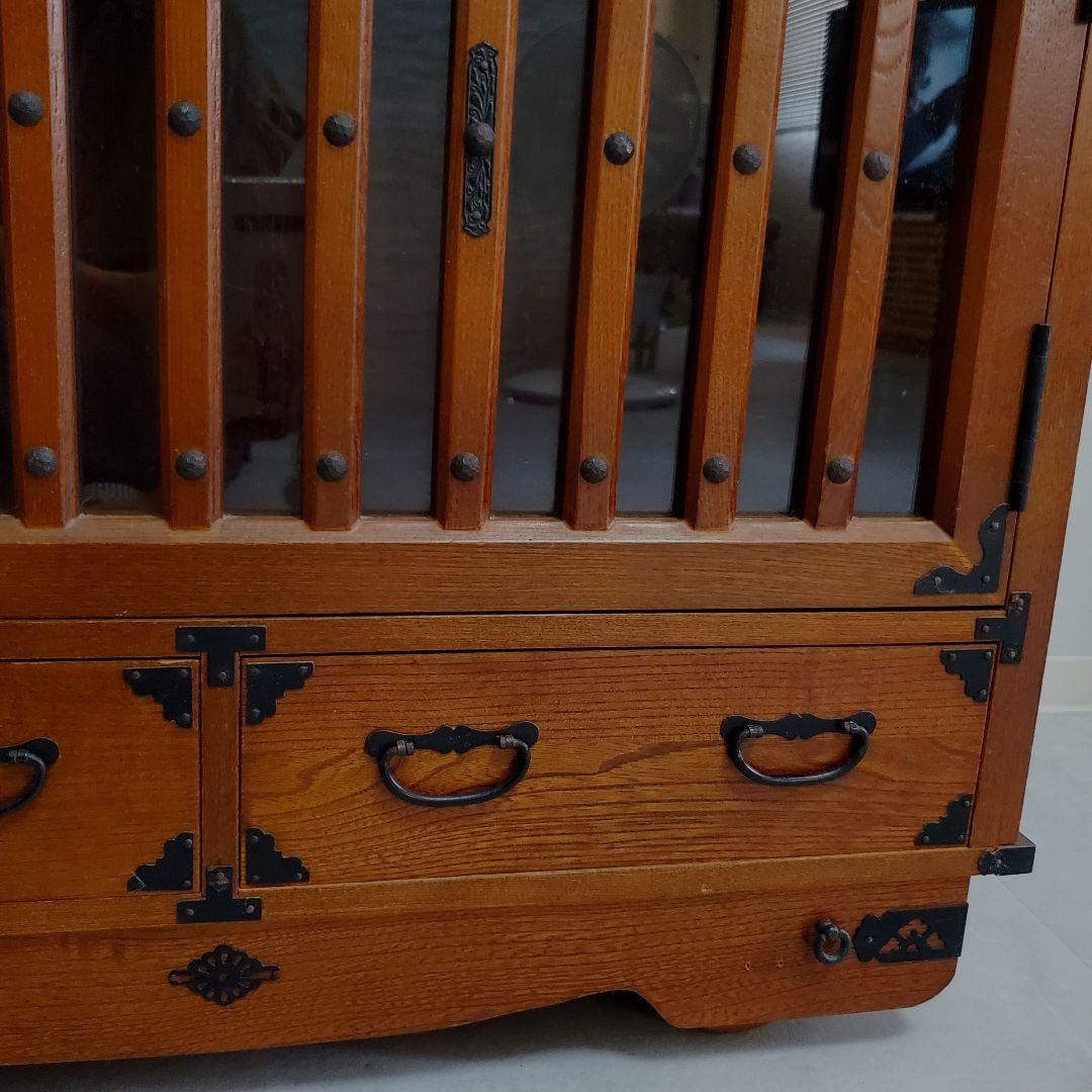 希少★欅 車箪笥 茶棚 茶箪笥 和箪笥 古家具 小引き出し ガラス扉 車輪