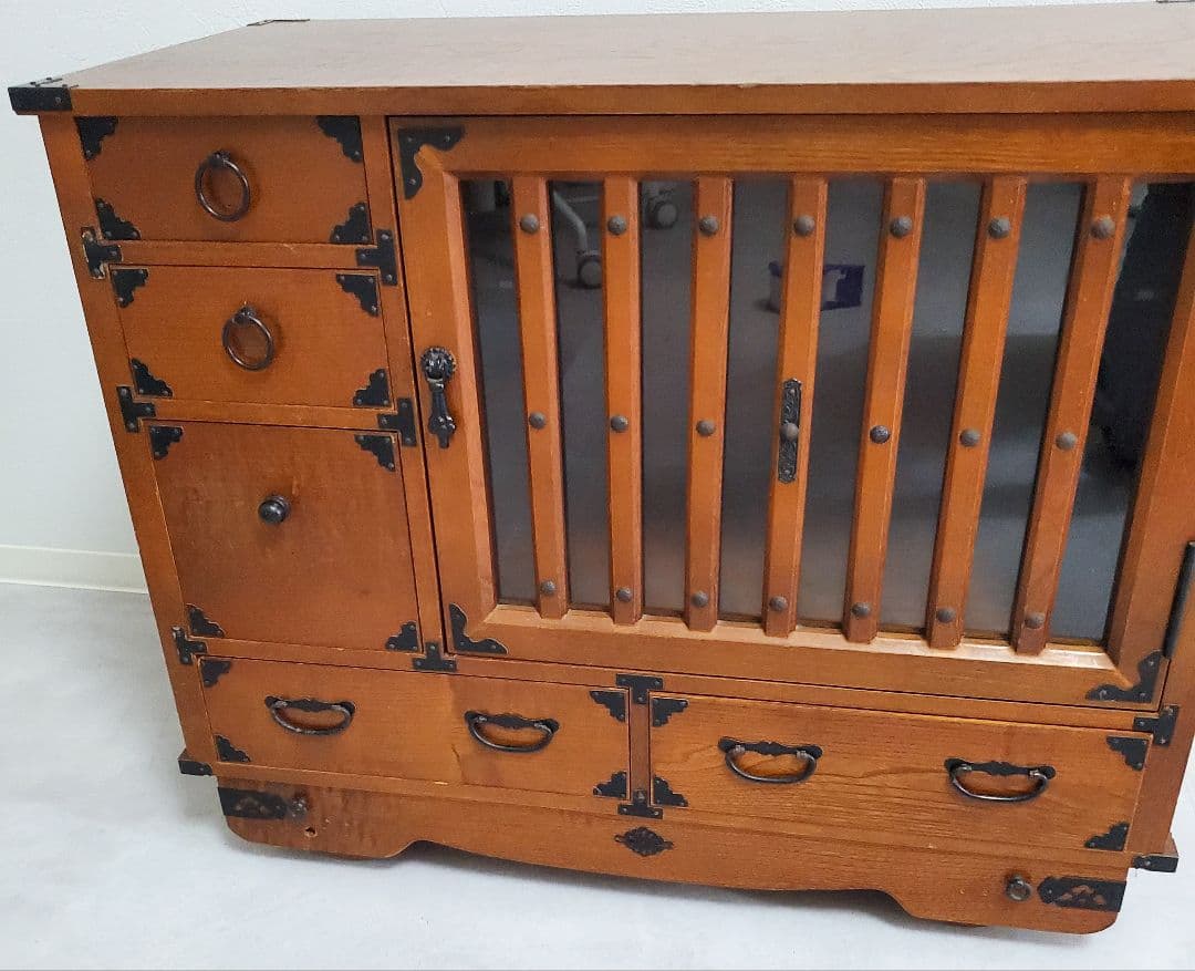 希少★欅 車箪笥 茶棚 茶箪笥 和箪笥 古家具 小引き出し ガラス扉 車輪