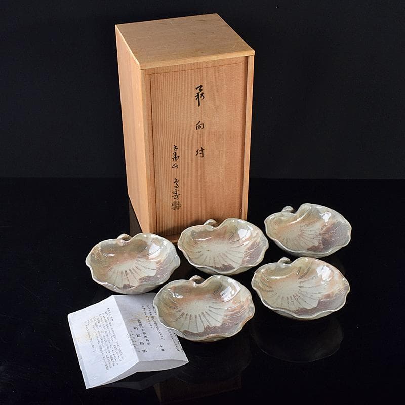 ピノ　和食器萩焼大華山鳥雲窯納富鳥雲作　貝形向付五客共箱　V　R8000B