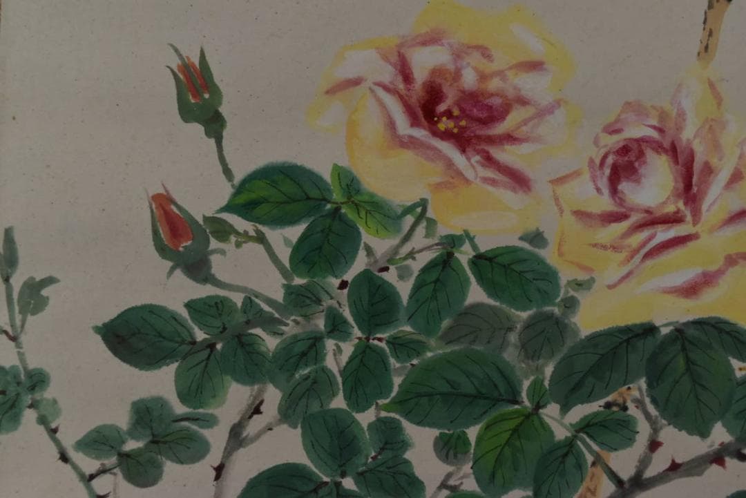 【真作】山本朝光/薔薇に蜂図/バラ図/横物/掛軸/名家伝来/Z-872