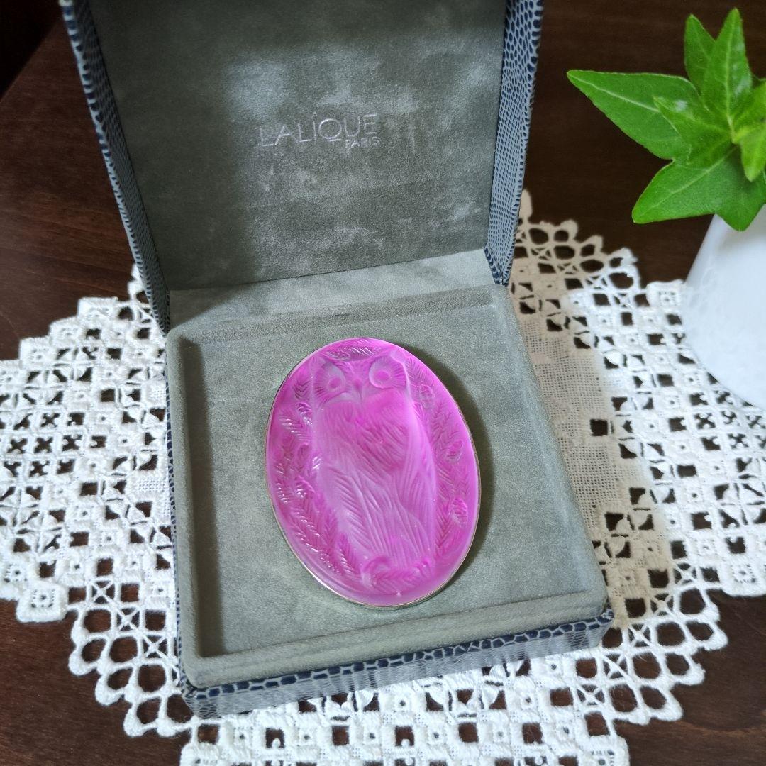 LALIQUEカービング・オウルクリスタルブローチ◎ルネ・ラリック