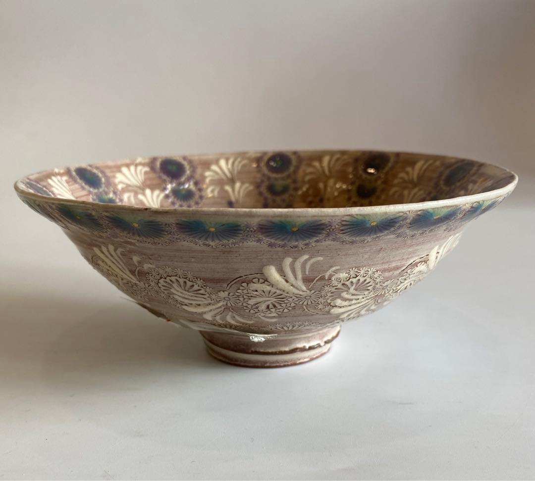 紫三嶋紫彩華紋抹茶茶碗　茶道具