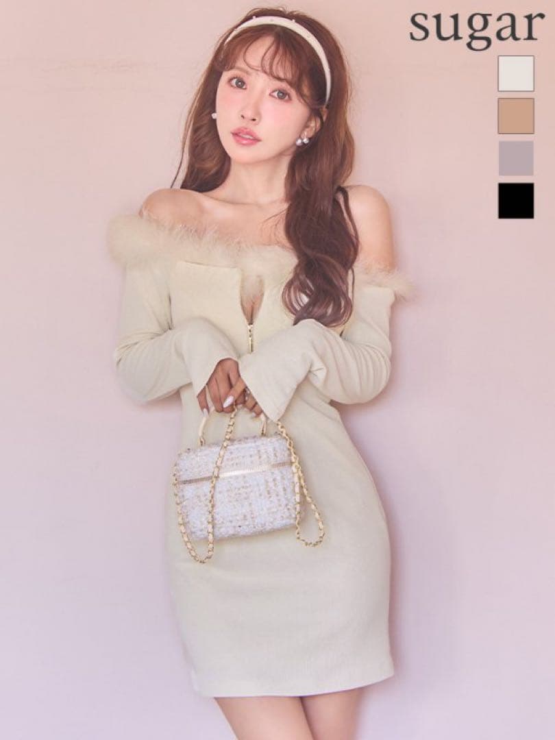 sugar ファー付きオフショルダーミニドレス