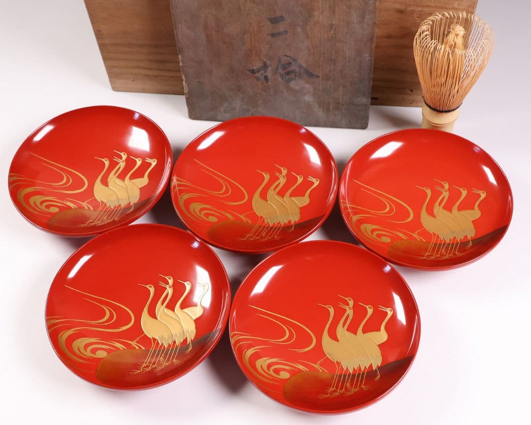 【CM374】時代木製漆器 光琳写 金蒔絵 群鶴図 朱塗 引盃 五客 小皿 杯