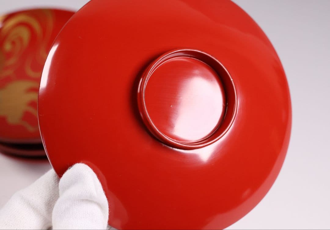 【CM374】時代木製漆器 光琳写 金蒔絵 群鶴図 朱塗 引盃 五客 小皿 杯