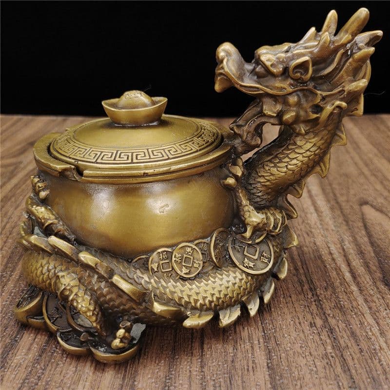 銅製 竜戯珠の灰皿 書道具 文房具 装飾品 工芸品 美術品