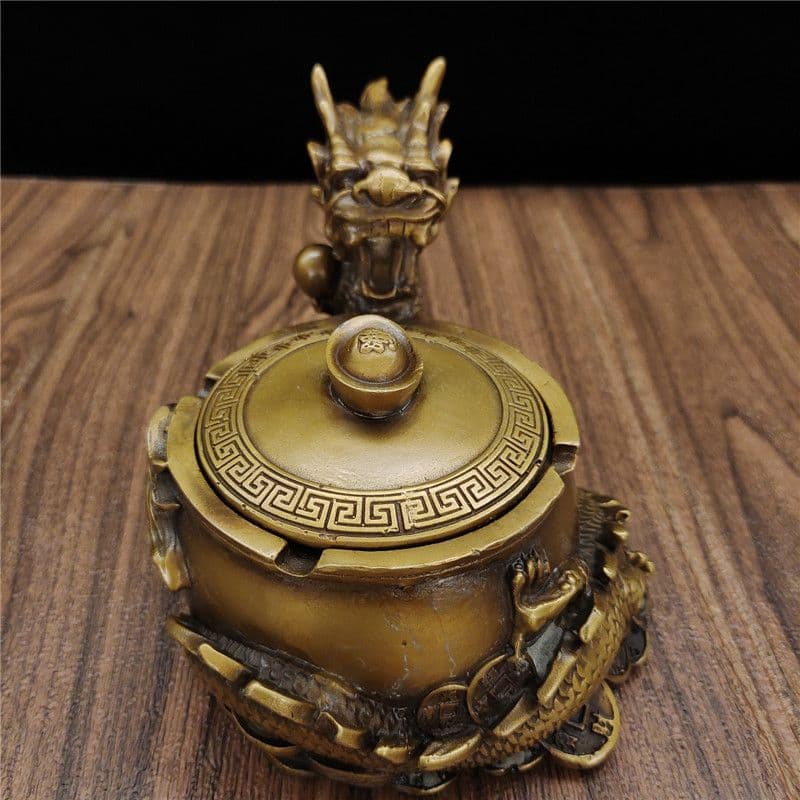 銅製 竜戯珠の灰皿 書道具 文房具 装飾品 工芸品 美術品