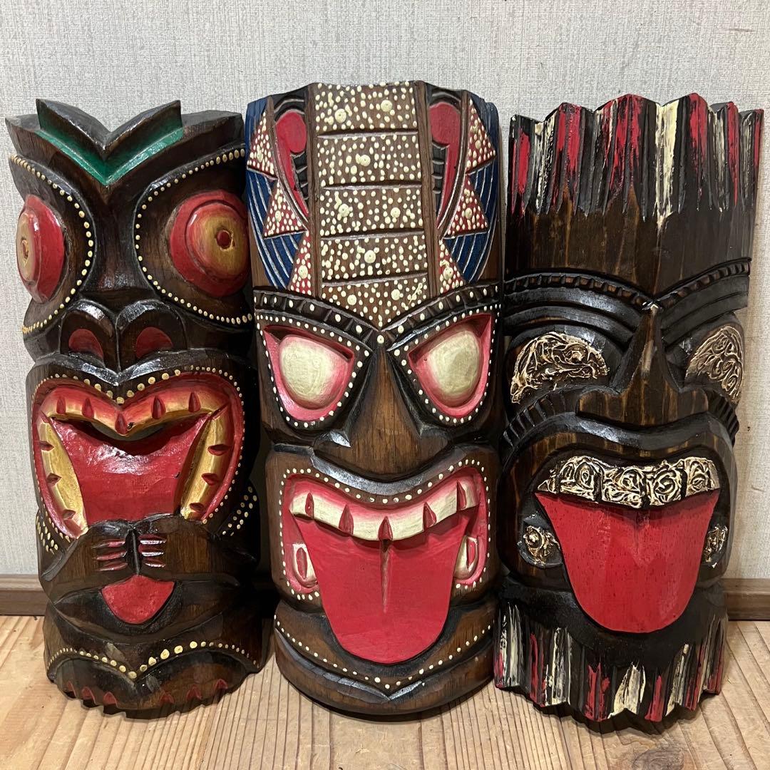 ベロ出しティキ面30 3点セット ティキマスク ハワイ雑貨 木彫りの壁掛けお面