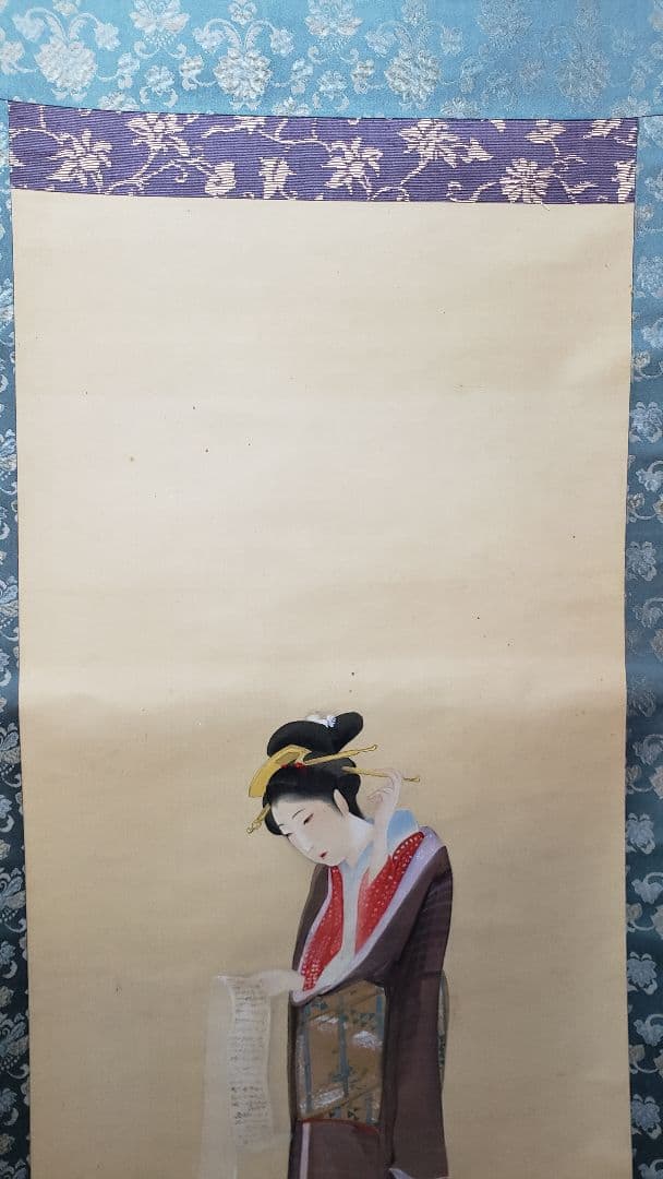 在銘　文を読む美人図　遊女　浮世絵　吉原　島原　肉筆　直筆