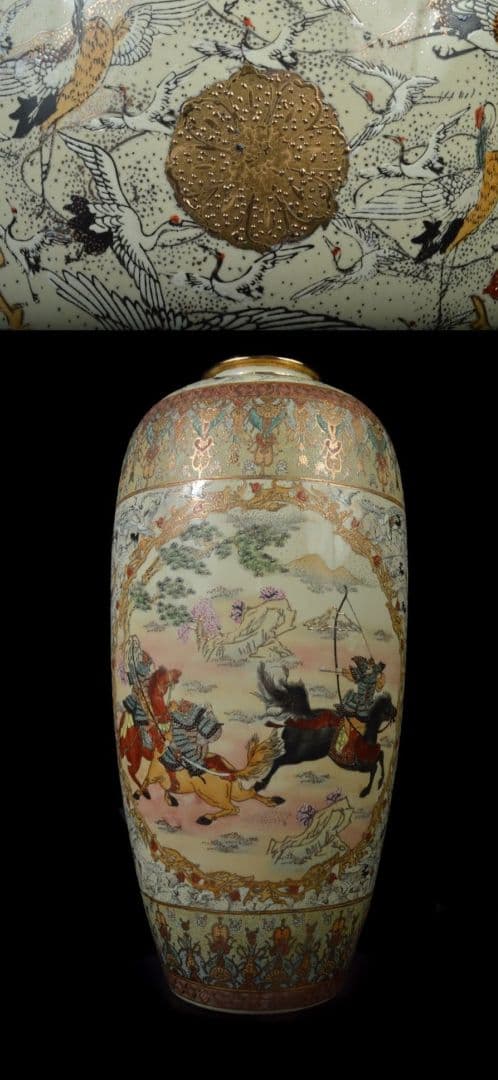 【大型82cm 美品】薩摩豪華絢爛 金襴手武士細密絵付 特大花瓶 飾り壷 大壺