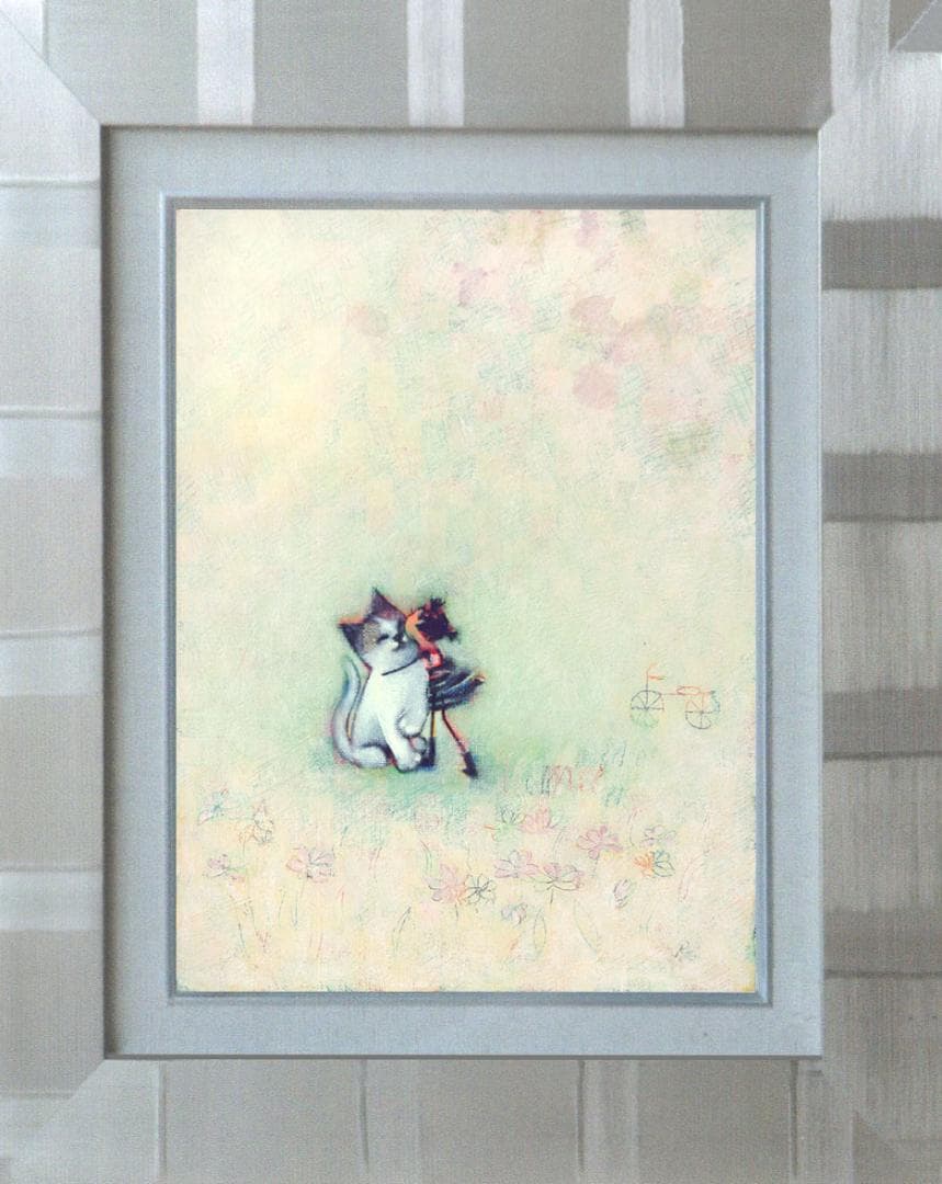 油絵 菅家令子 絵 絵画インテリア 額付(黒) F3-051621 子猫と女の子