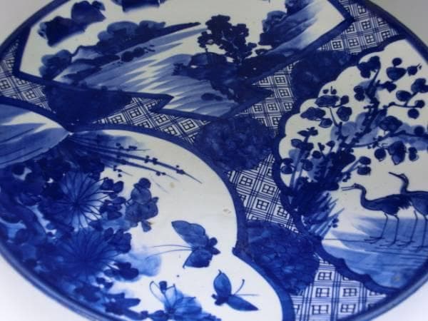 大皿■ベロ藍(江戸後期~明治期)古い染付 鶴 花蝶紋 花唐草 直し有り 時代物