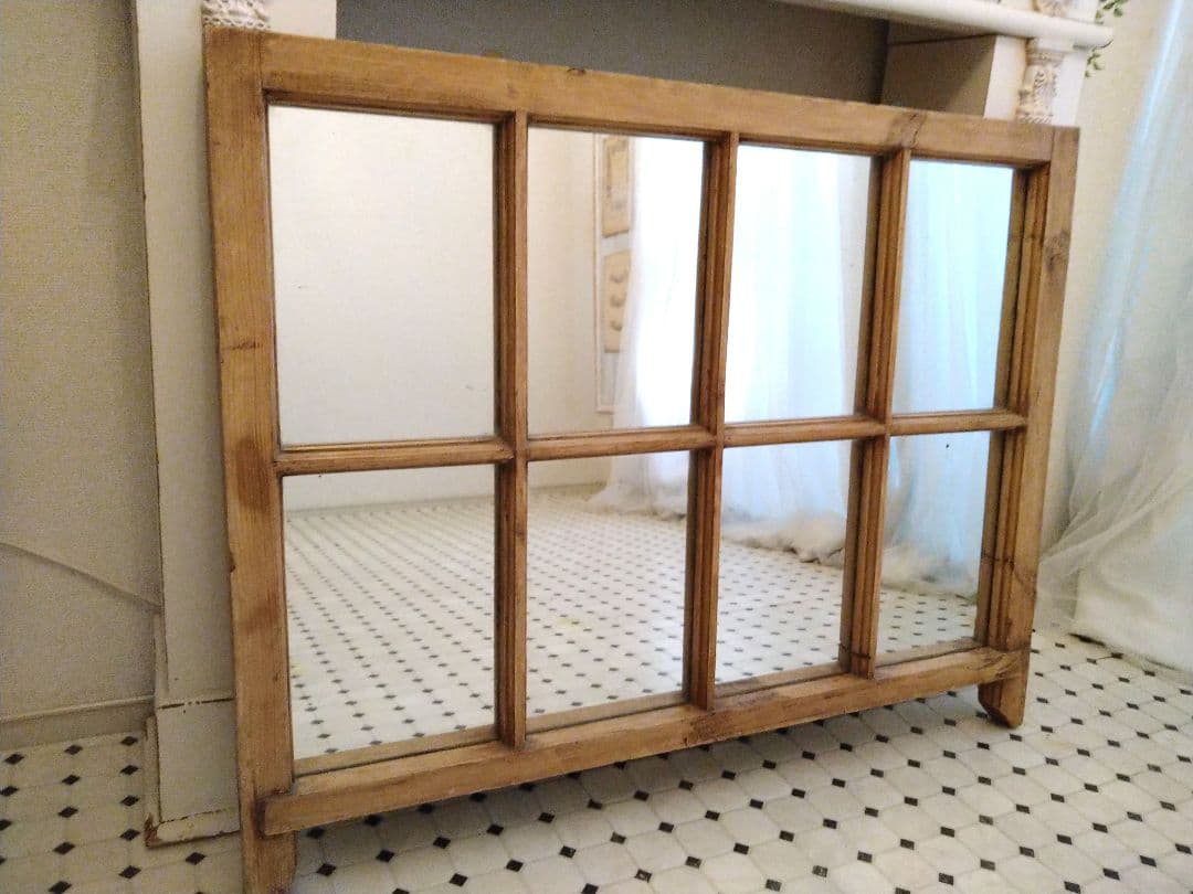 ※〜1/18限定価格※　フランスアンティークミラー　パイン材　窓枠デザイン