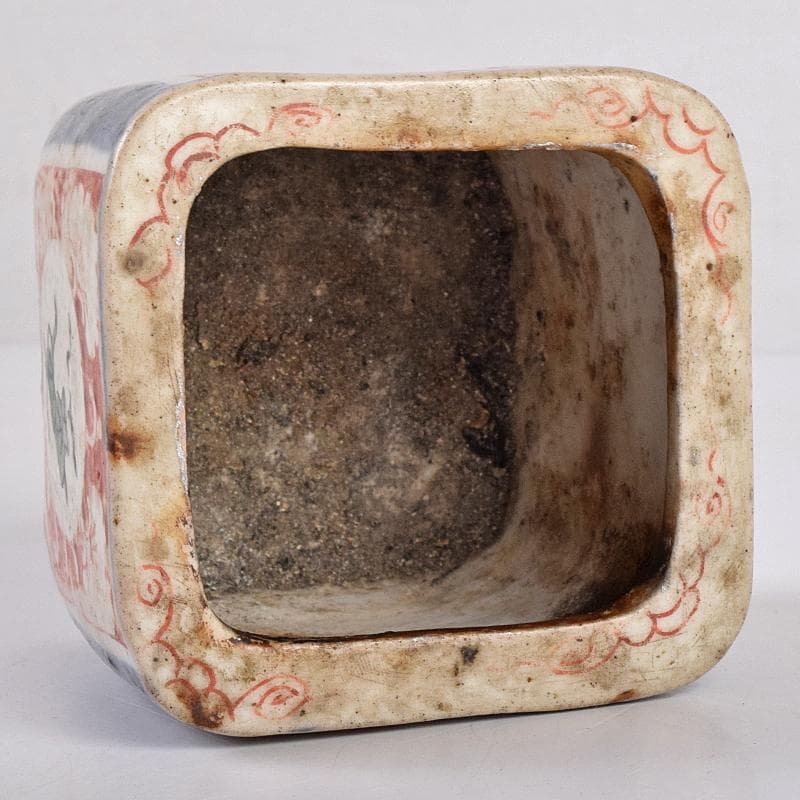 九谷焼　古九谷　1650年代　赤絵　花草文　四方香炉　鑑定書箱書　M　R8915