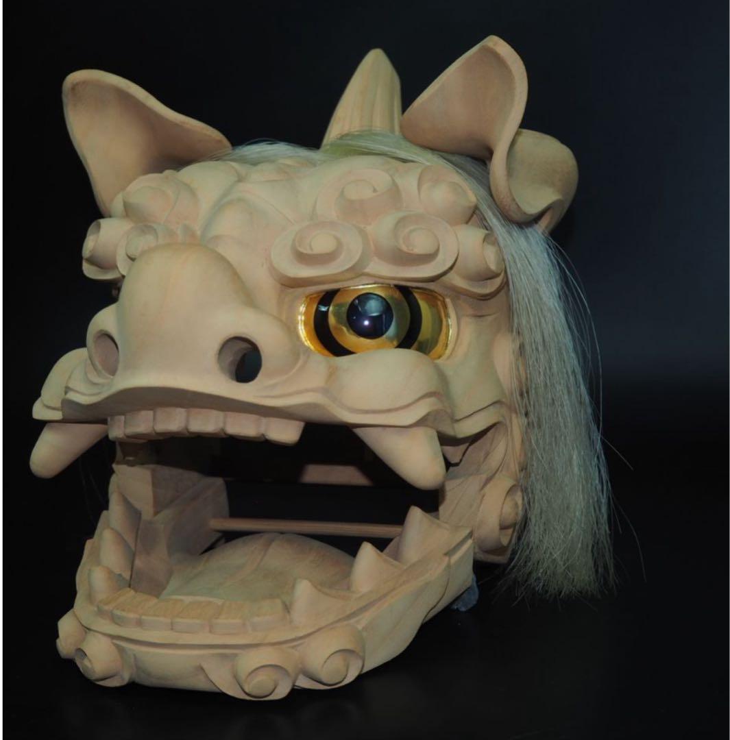 送料無料　富山県無形文化財　横山一夢作　木彫獅子頭　共箱共布作歴付　日展彫刻家