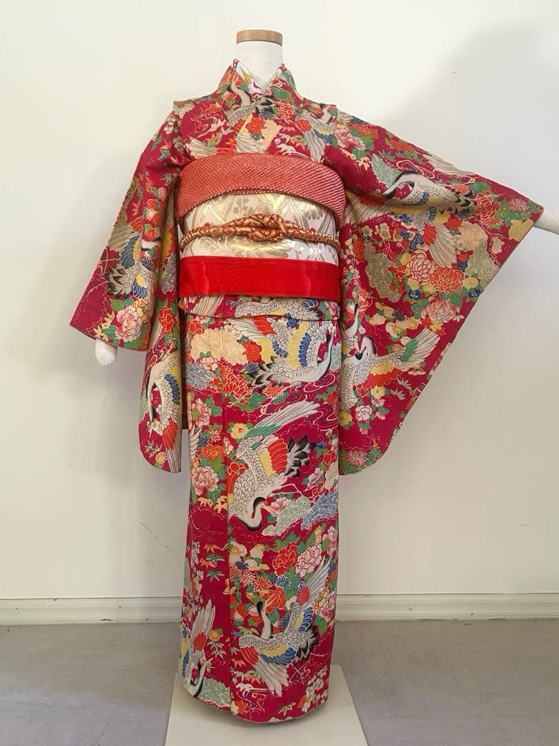 7歳　七五三　アンティーク正絹着物、アンティーク帯、帯揚げ、帯締め　しごきセット