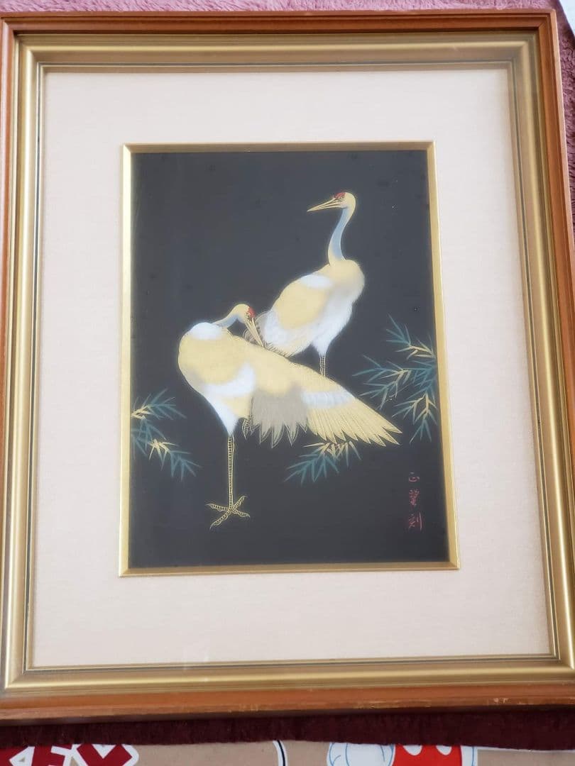 美品、輪島漆器・輪島塗本舗・【二羽の鶴】名工正望刻、輪島塗金箔、額縁入り整理品。