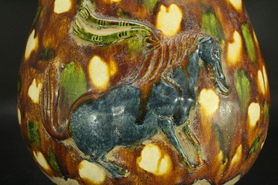 中国美術 唐三彩 貼馬紋 注瓶 壷 高29cm 希少(LC241)