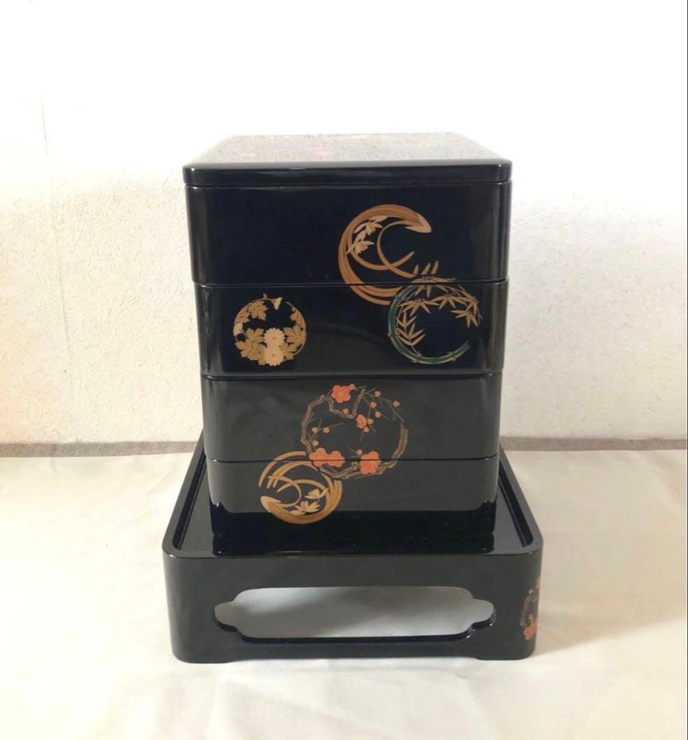 能登 輪島塗 花丸四君子蒔絵四段重箱 二枚蓋 重台付 漆器 重箱 未使用品
