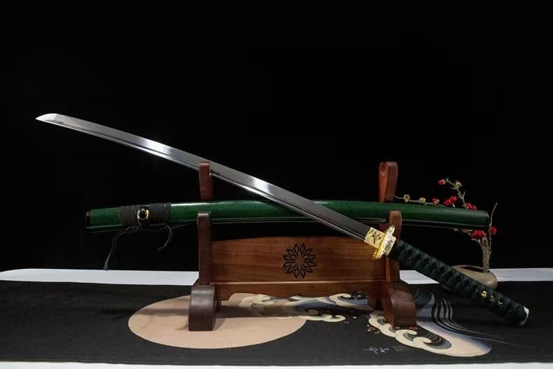 ３日内速達 緑魔太刀1060高マンガン鋼模造刀金豹刀鍔緑鞘青紐居合練習用日本刀