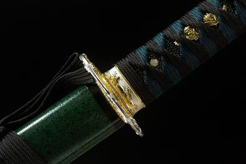 ３日内速達 緑魔太刀1060高マンガン鋼模造刀金豹刀鍔緑鞘青紐居合練習用日本刀