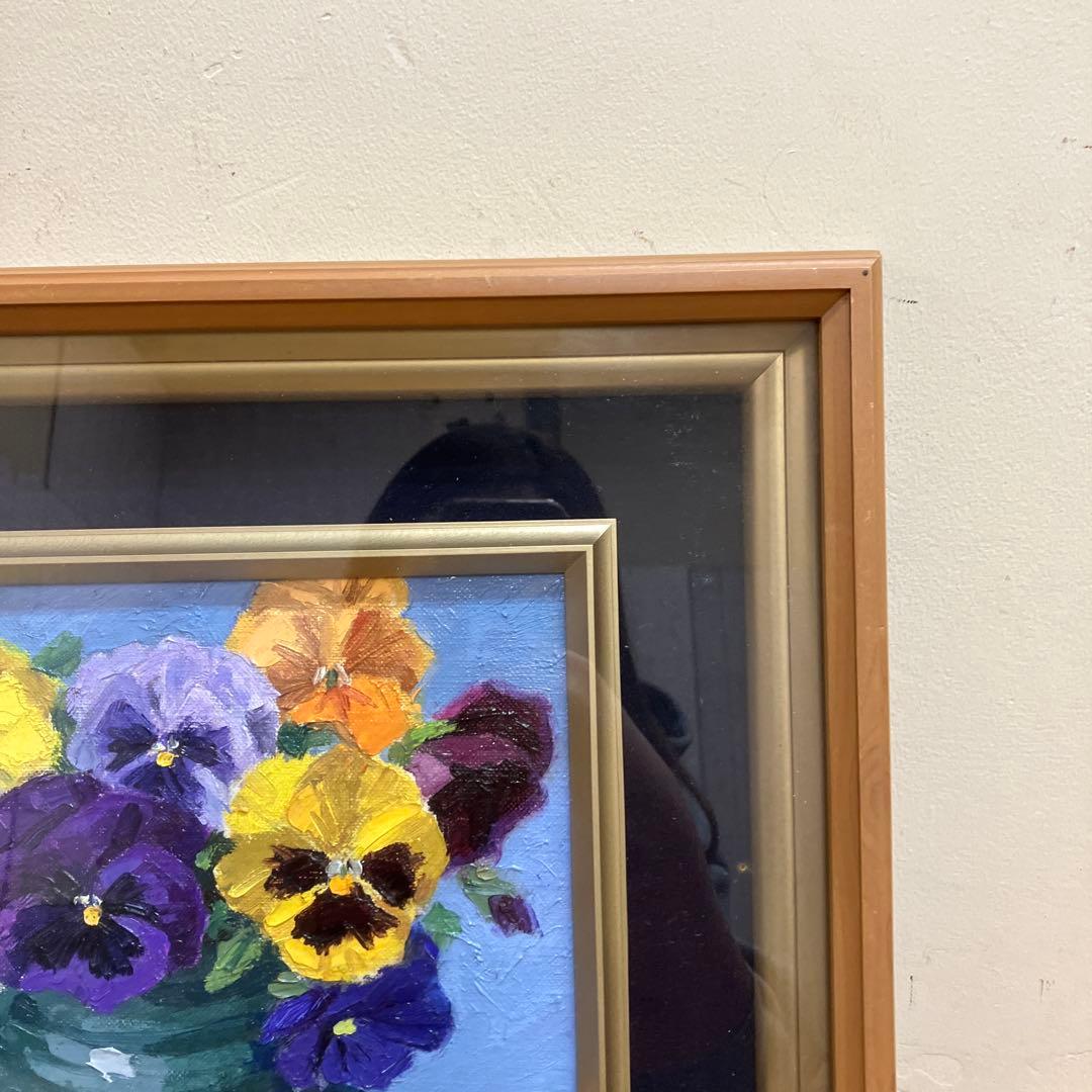 パンジー 油彩 油絵 絵画 額装 額縁 サイン有 花の絵 静止画 花 フラワー
