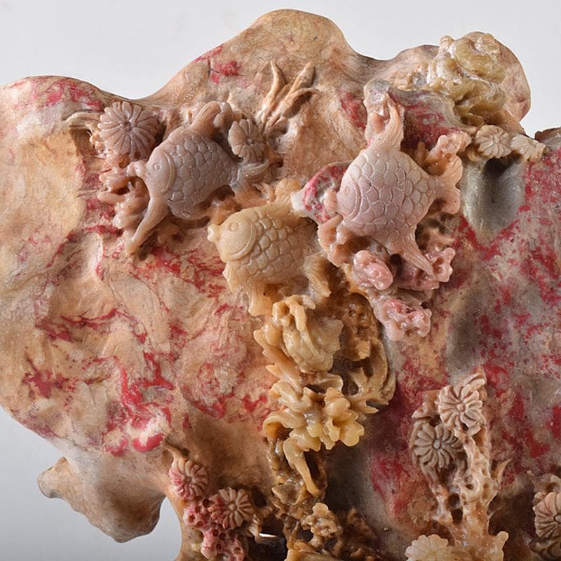 中国　玉石昌化鶏血石　魚蟹海老花刻　置物　床飾　約6㎏　F　R7946B