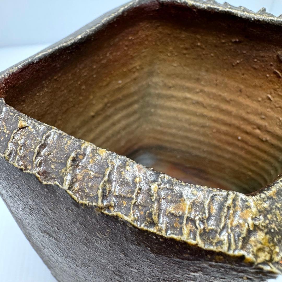 未使用 備前焼 山下譲治 持ち手付き 花入 花瓶 花生 壺 伝統工芸 美術品