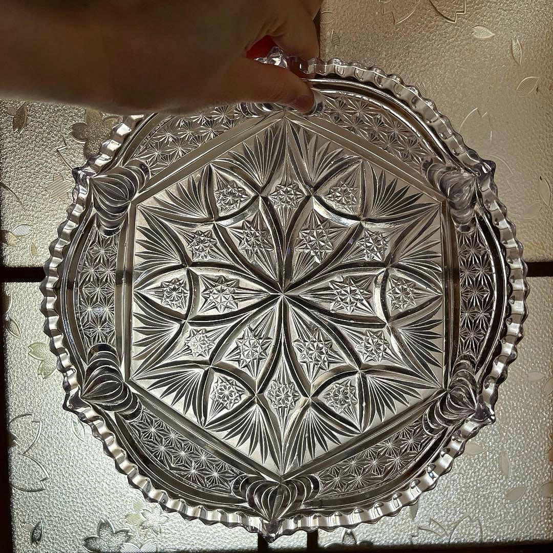 骨董　時代ガラス　プレスガラス　希少　淡紫色　クリスタルカット　菓子鉢　大鉢