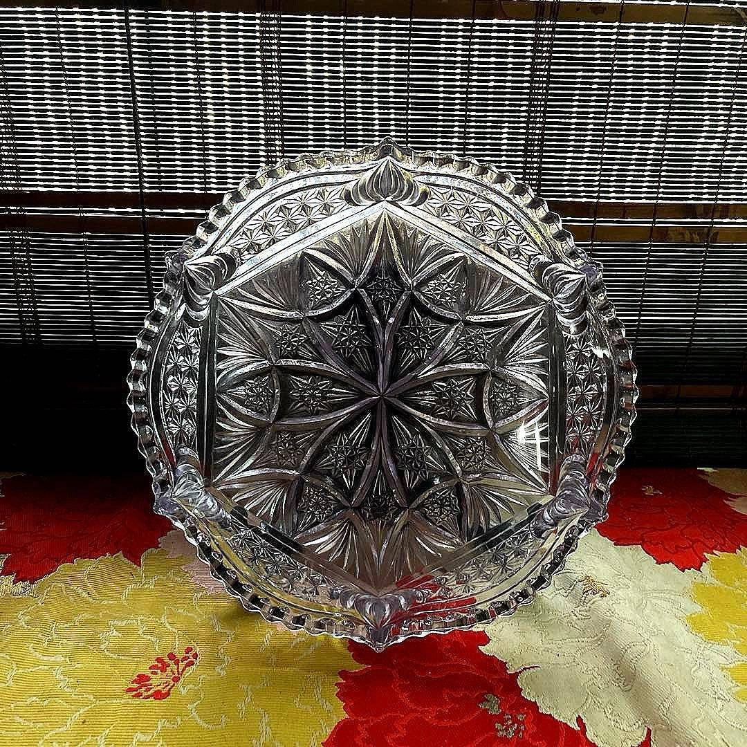 骨董　時代ガラス　プレスガラス　希少　淡紫色　クリスタルカット　菓子鉢　大鉢