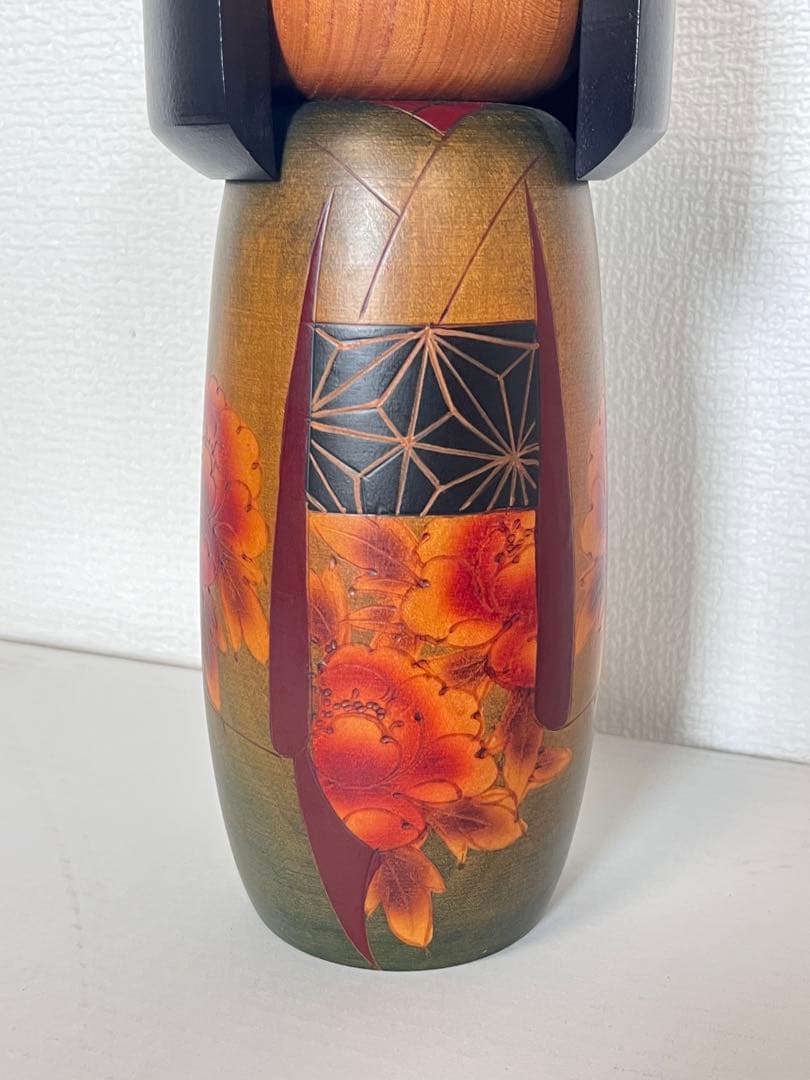 創作こけし 翠崕之作 特大 28cm 越後村上 手描き 牡丹