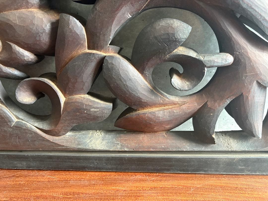 欄間　 らんま　檜？木彫り　各々１４ｋｇ弱　どっしり　アンティーク　菊　蓮？