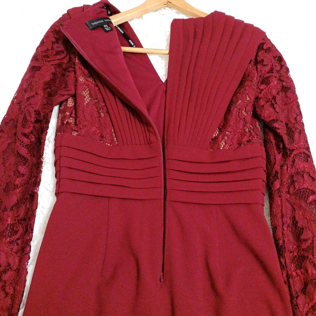 新品✨タダシショージ　ワンピース　深紅　ワイン　レース　ストレッチ　XS