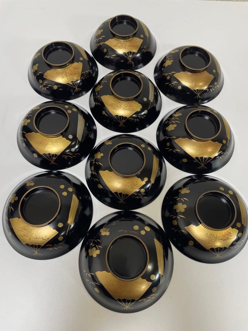 漆器 輪島塗 金蒔絵 扇柄 黒 内黒 吸物 割烹 蓋付き10客個 お煮物椀