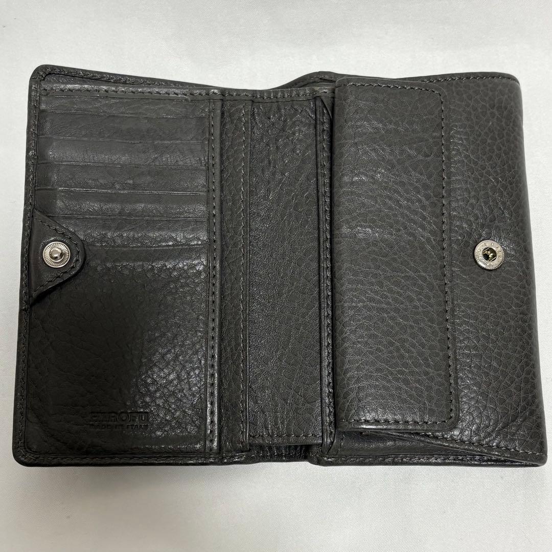 ヒロフ 折り財布 H ロゴ型押し シボ革 レザー コンパクト イタリア製 灰色