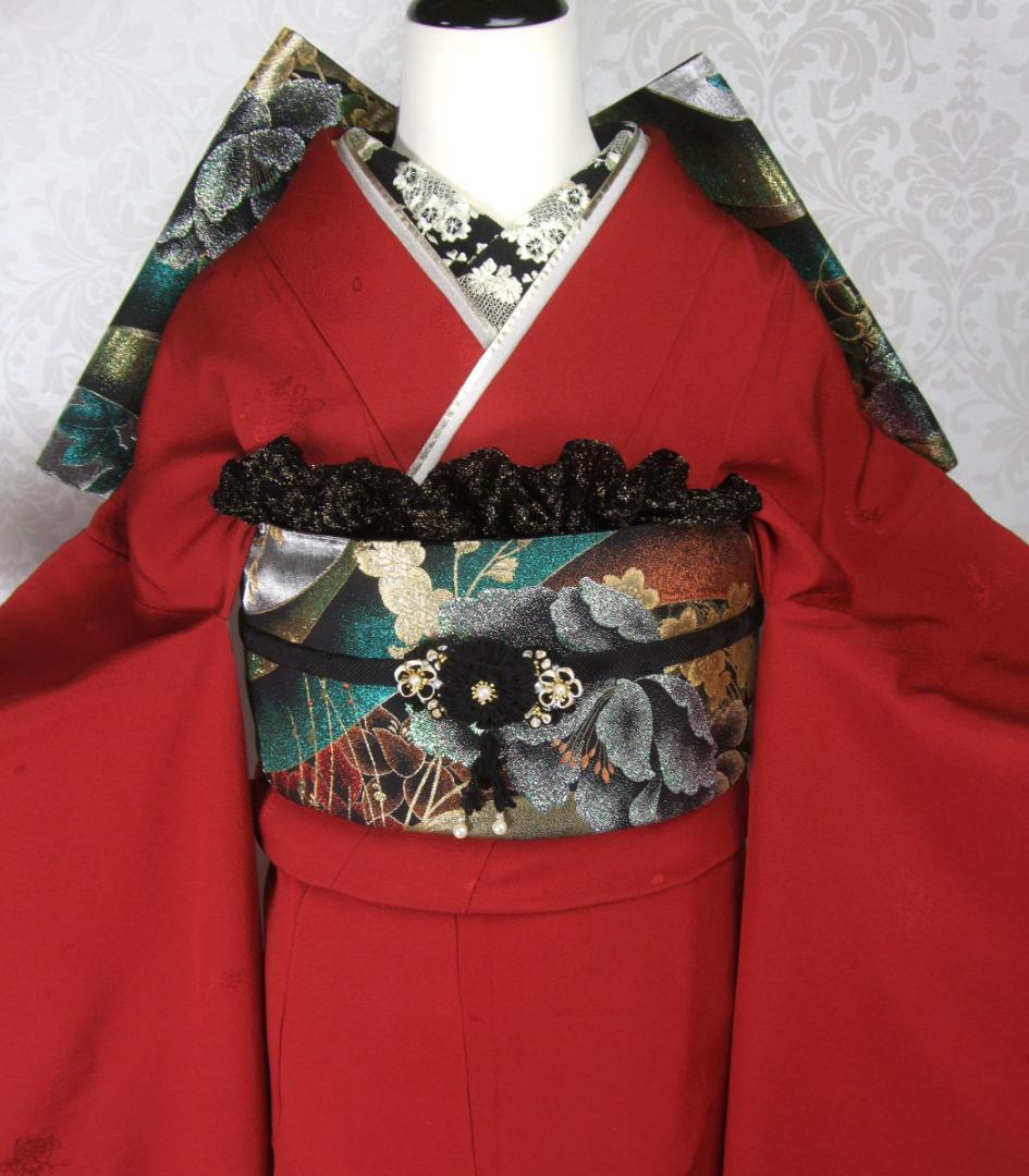 山本寛斎/赤無地桜地紋/比翼仕立て 振袖フルセット　ｍ55　成人式