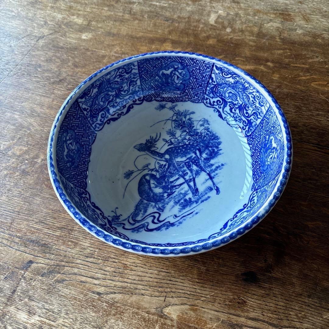 明治〜大正期 古伊万里 印判手 鹿に鳳凰龍人物文 丸鉢　K264