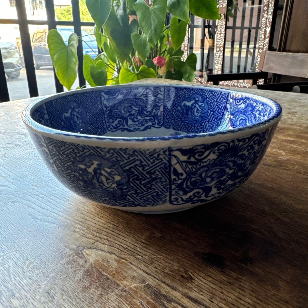 明治〜大正期 古伊万里 印判手 鹿に鳳凰龍人物文 丸鉢　K264