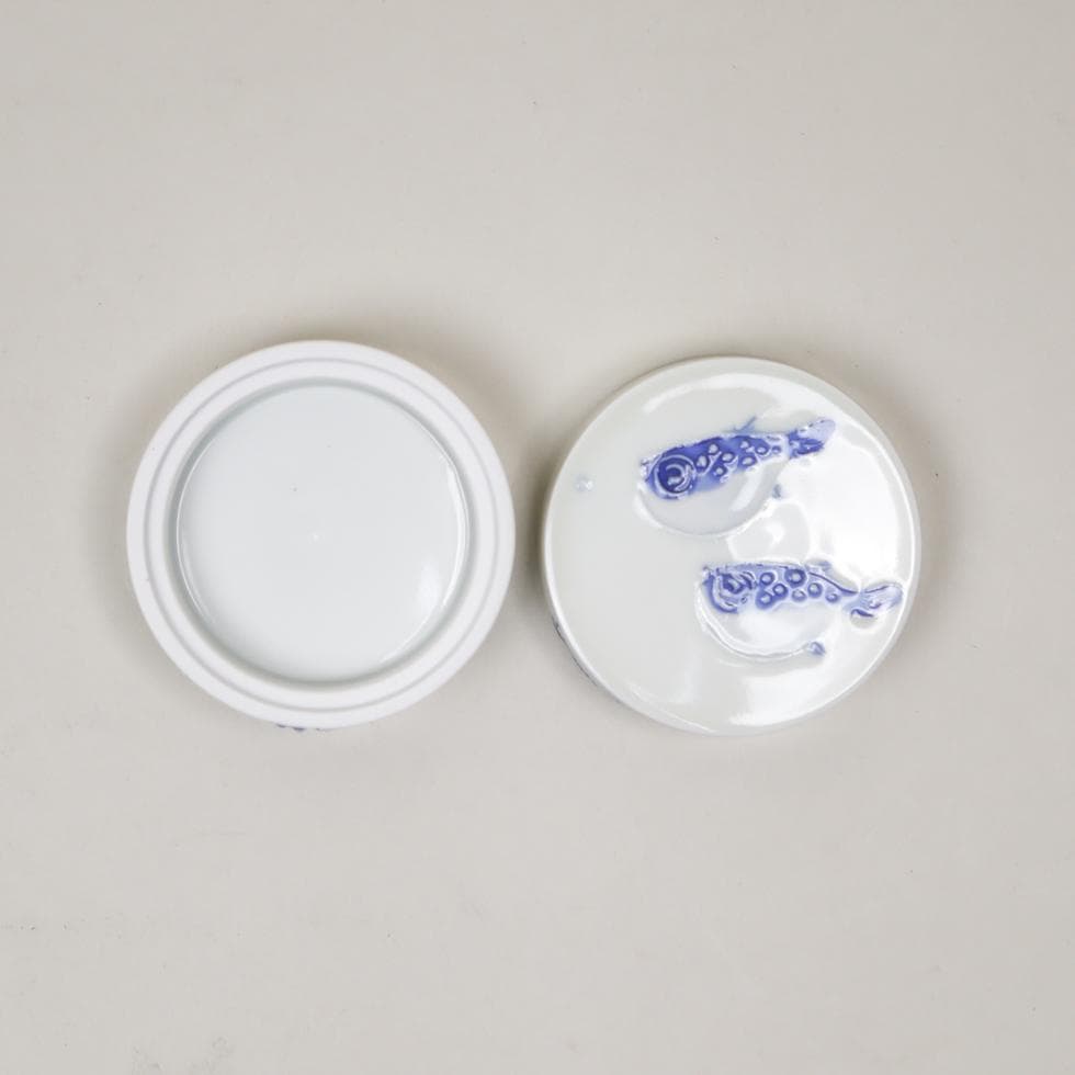 上田哲也 染付 ふぐ合子 香合 共箱