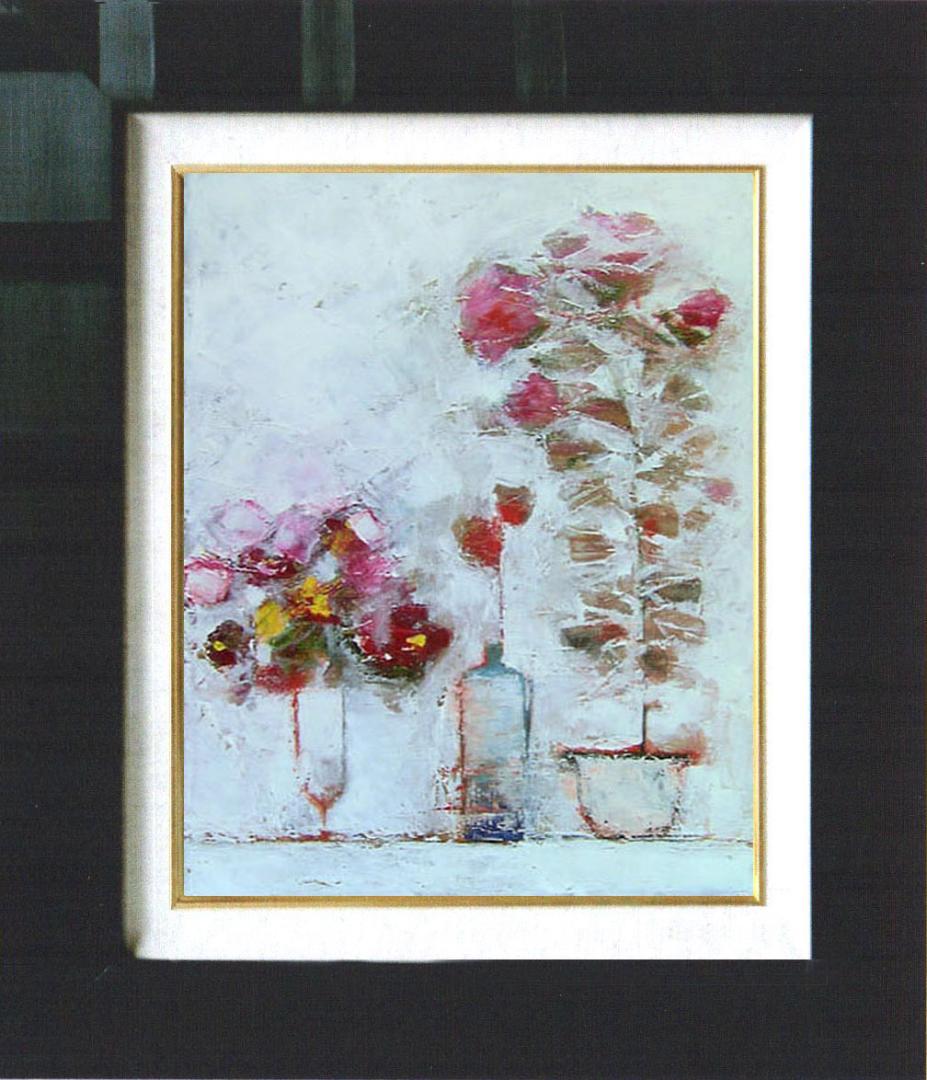 油絵菅家令子 絵 絵画インテリア 額付(青緑＋金色の枠)uF6-071102 花