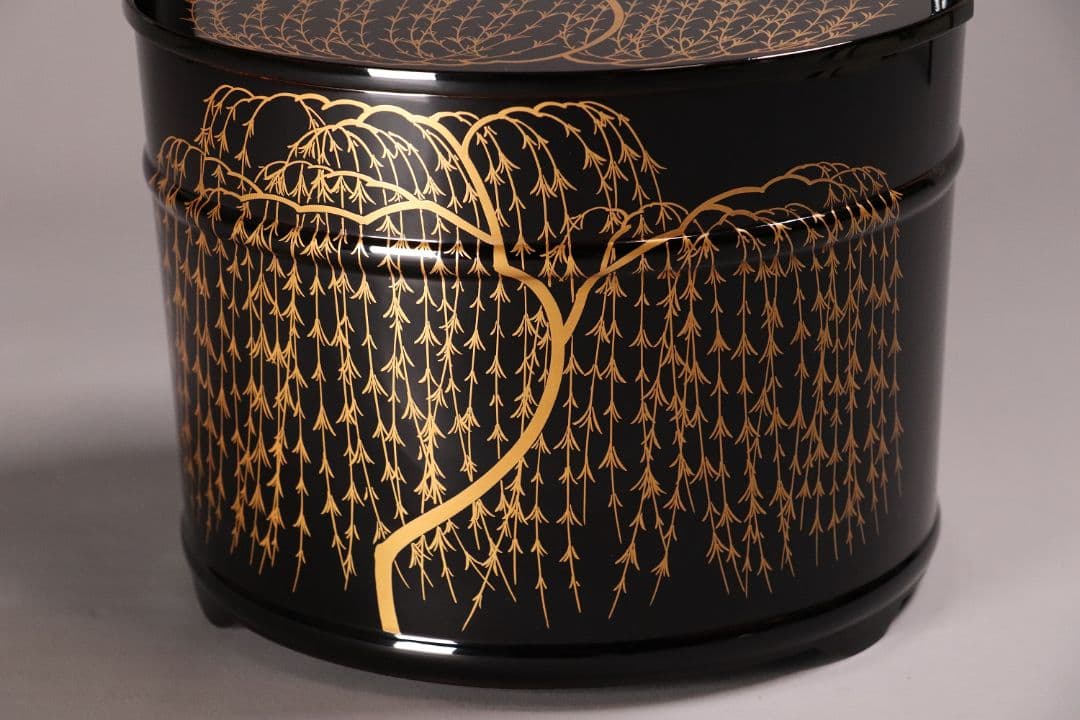 茶道具 輪島塗 若島孝雄 柳 金蒔絵 手桶 水指 共箱 黒塗 木製【MA187】