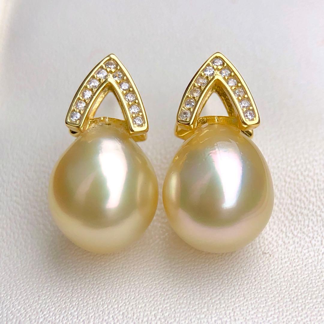 本真珠南洋白蝶真珠　レモン茶金11.4×9.8㍉s925ピアスBL915