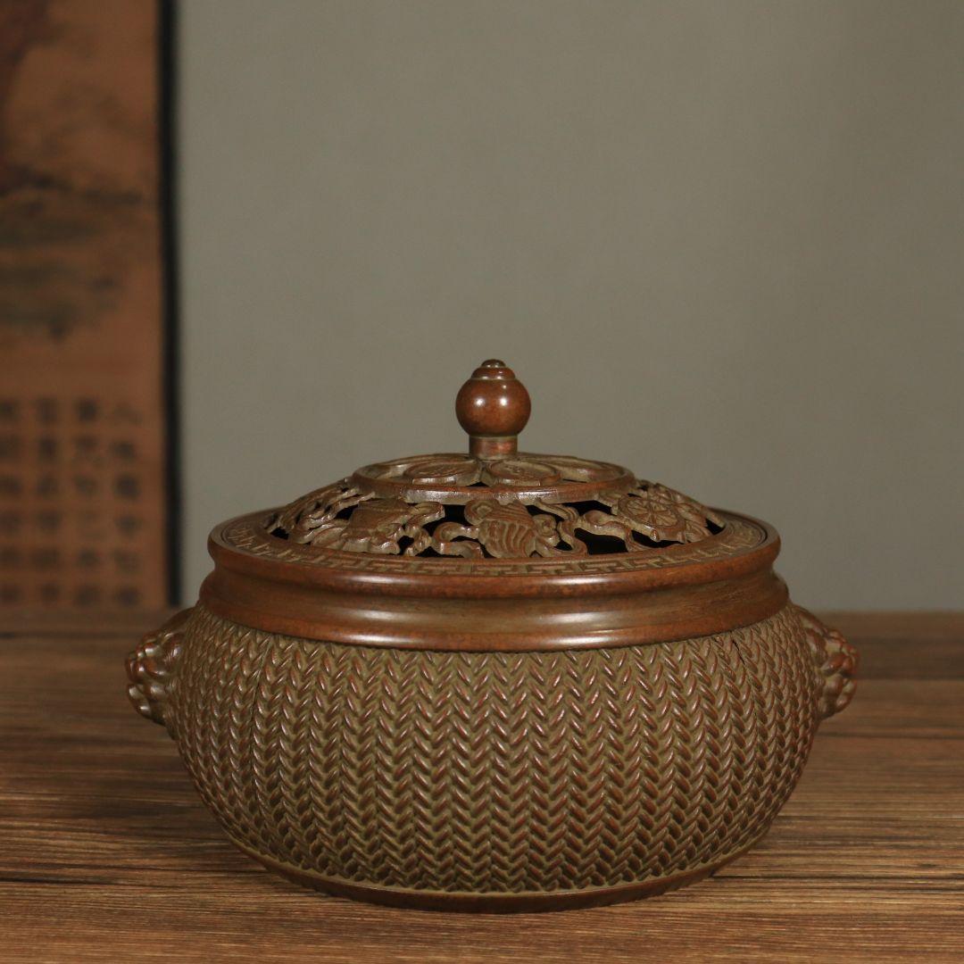 銅製 香炉 双獅耳竹編み模様蓋薫香炉 檀香炉 香道具 装飾品 工芸品 置物